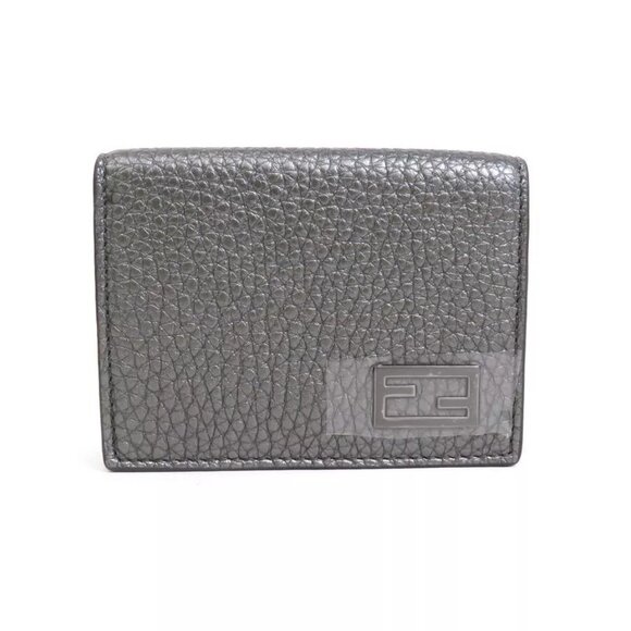 FENDI Trifold Wallet Metallic Gray Leather -